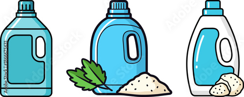 Bottles of detergent with blue liquid, scattered laundry powder and fresh green leaves on a transparent background for eco-friendly cleaning solutions concept.
