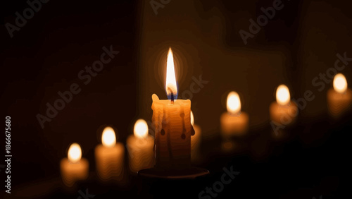 Lit Candle Surrounded by Other Candles.