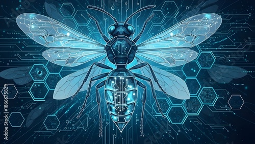 digital illustration of a biomechanical wasp, blending organic insect anatomy with glowing circuit-board patterns and translucent tech-infused wings