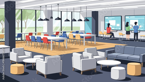 Modern Office Space with Furniture and People.