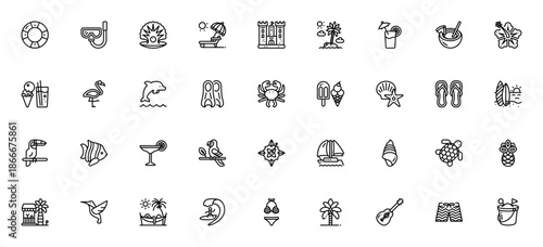 Tropical icon set. Summer vector illustrations. Includes symbols for beach, palm tree, cocktail, surfing, dolphin, pineapple, flamingo and more. Editable stroke.
