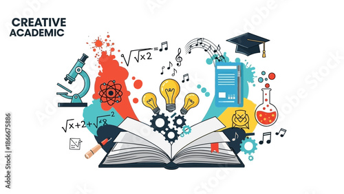 Open Book with Creative Academic Symbols Emerging.