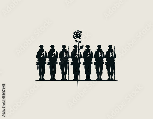 Black silhouette vector logo design depicting soldiers clutching stylized roses. Peace and conflict symbolism concept