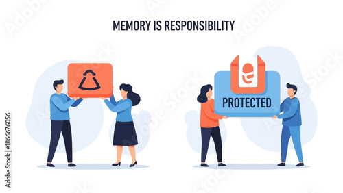 People Holding Shields with Icons and Text.