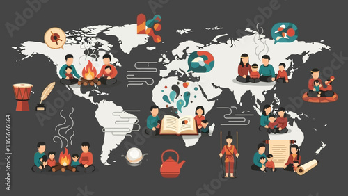 People from different cultures around world map.