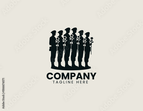 Black silhouette vector logo design depicting soldiers clutching stylized roses. Peace and conflict symbolism concept