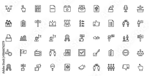 Politics icon set. Vector illustration. Featuring campaign, vote, election, law, speech, protest, winner, flag, media and more. Editable stroke.