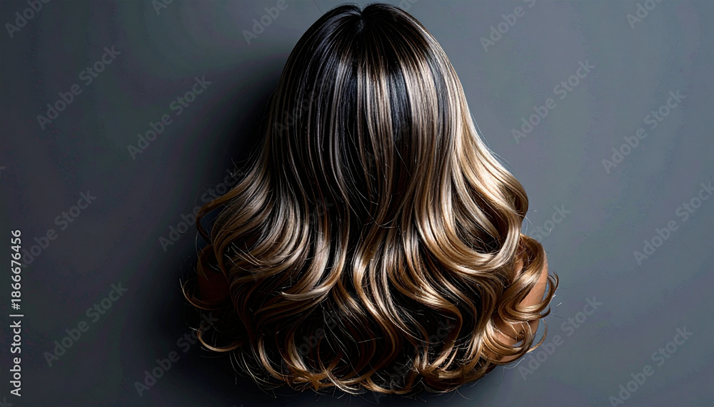 Fototapeta premium Studio back view of dark brown wavy hair with glossy texture. Elegant beauty and fashion hairstyle concept for salon, haircare, and editorial projects.