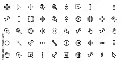 Selection and Cursors icon set. Vector cursor and pointer symbols. Includes scroll, mouse, click, zoom, pointer, arrow, selection, hand, precision and more. Editable stroke.