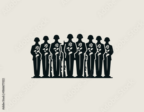 Black silhouette vector logo design depicting soldiers clutching stylized roses. Peace and conflict symbolism concept