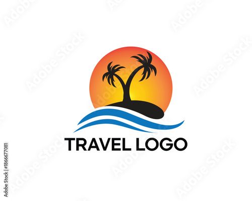Creative summer, travel logo, a lake with palm trees and sunset logo design inspiration