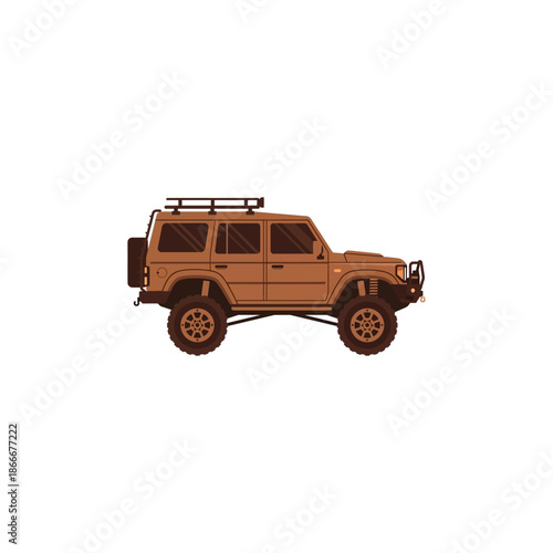 Brown Off-Road 4x4 SUV Vehicle Illustration with Roof Rack and Spare Tire, Isolated on White Background