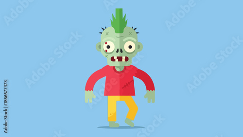 Cartoon Zombie Character with Green Mohawk and Red Shirt.