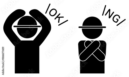 農作業帽をかぶった人物がOKとNGを示す比較ピクトグラムイラスト