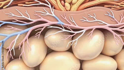 Detailed Skin Anatomy Illustration - Layers, Nerves, and Fat Cells.
