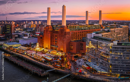 Battersea Power Station Christmas lights at dusk, London River Thames UK