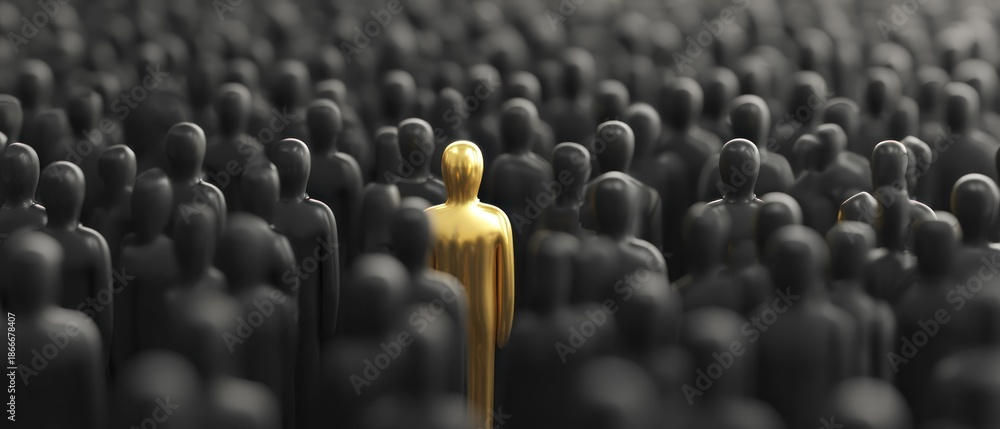 Fototapeta premium A single golden figurine stands out among a crowd of black silhouettes.