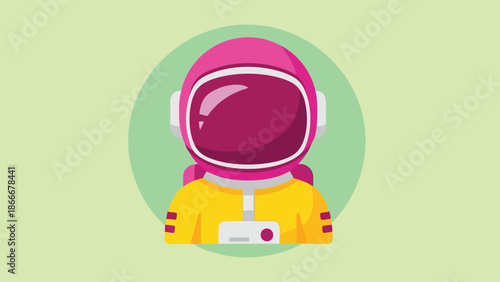 Cartoon Astronaut with Pink Helmet and Yellow Suit on Green Background.