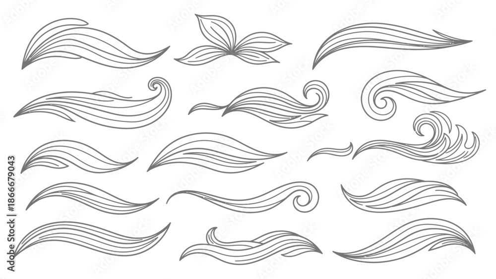 Fototapeta premium Collection of Hand Drawn Swirls and Waves Line Art Elements.