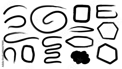 Collection of Hand Drawn Brush Stroke Shapes and Geometric Forms.