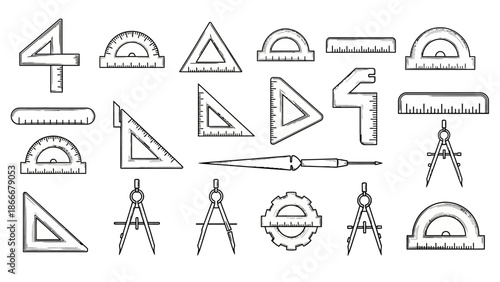 Collection of Drafting and Measuring Tools Hand Drawn Sketch Style.