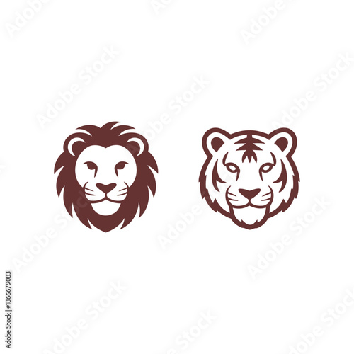 Two majestic lion heads in brown silhouette on white background
