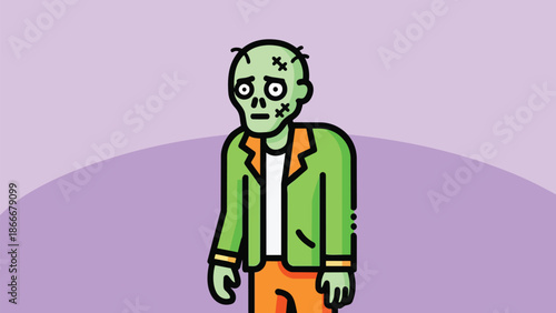 Cartoon Zombie Character with Green Skin and Orange Pants.