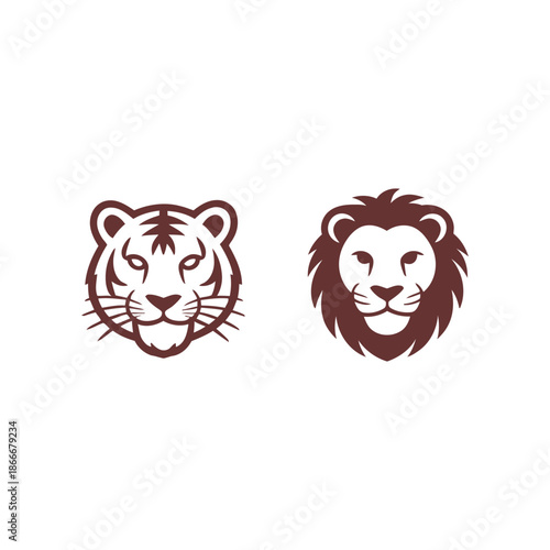 Two majestic lion heads in brown silhouette on white background