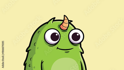 Adorable Green Monster with a Single Horn and Googly Eyes.