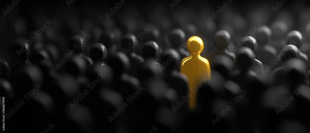 Fototapeta premium A single yellow figure stands out among a crowd of black silhouettes.