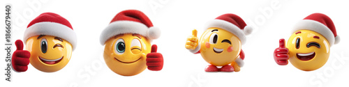 Four festive smiley emojis wearing Santa hats and gloves