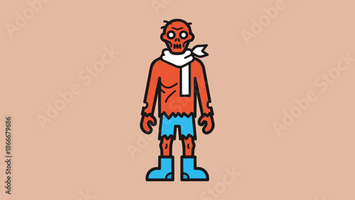 Cartoon Zombie Character with Bandage and Tattered Clothes Illustration.