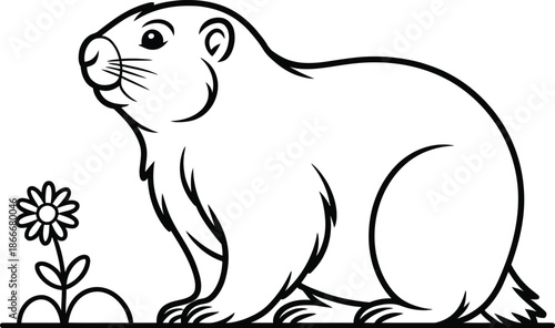 Cute marmot drawing standing on grass with flower in simple style