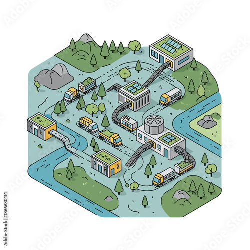 Isometric illustration of a sustainable waste management and recycling system with factories and trucks.