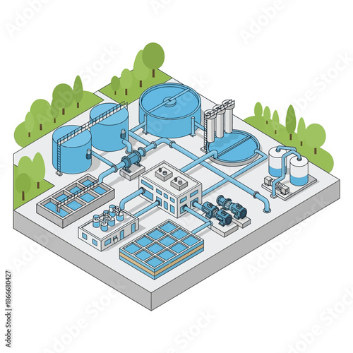 Isometric illustration of a water treatment plant with various tanks and pipes.