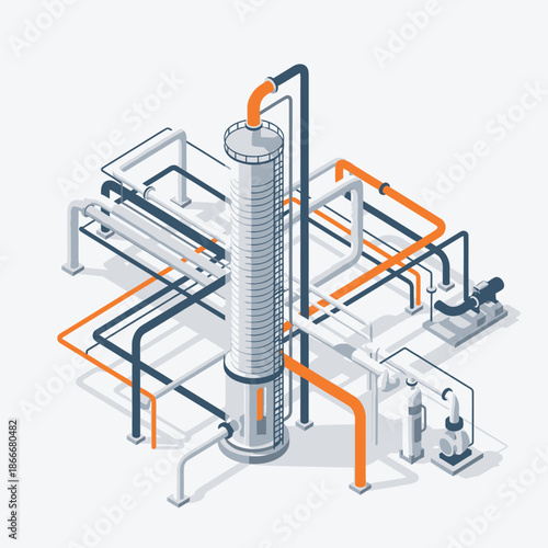 Isometric Industrial Chemical Plant with Distillation Column and Piping System.