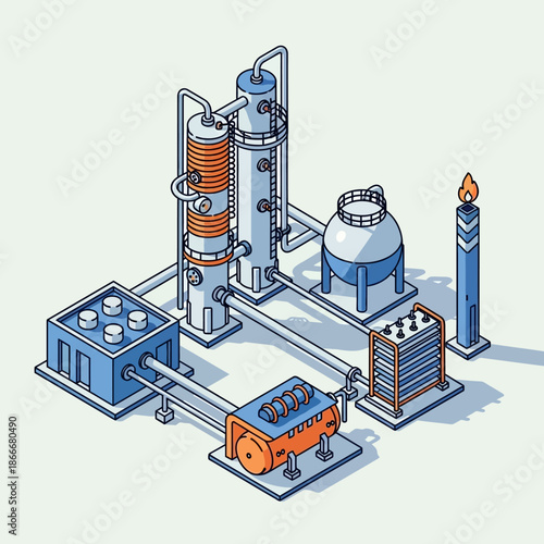 Isometric Industrial Chemical Plant with Distillation Columns and Storage Tanks.