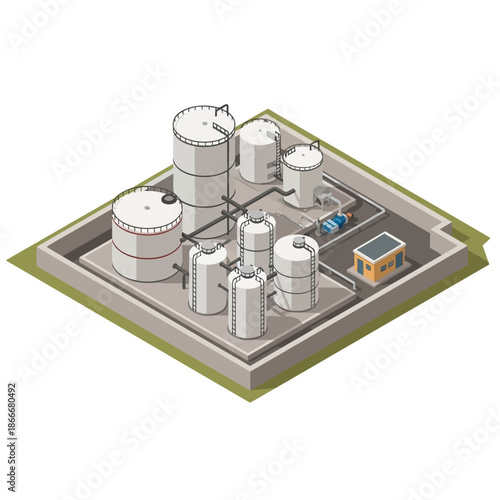 Isometric Industrial Chemical Plant with Storage Tanks and Processing Units.