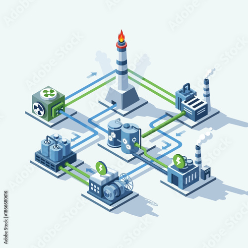 Isometric Industrial Network with Factories and Energy Production.