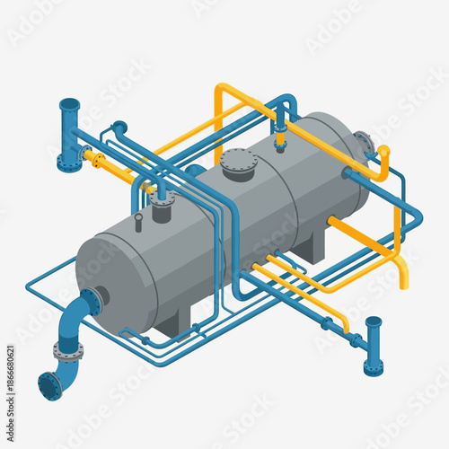 Isometric Industrial Pipeline System with Tanks and Valves.
