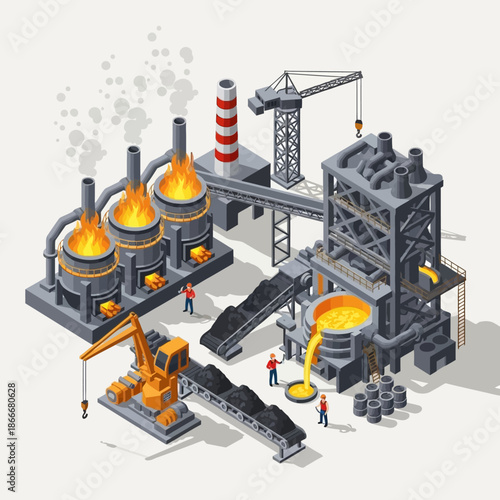 Isometric Industrial Plant with Furnaces and Workers.