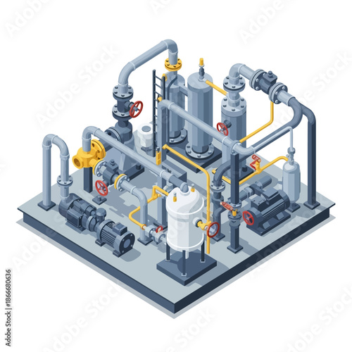 Isometric Industrial Plant with Pipes and Tanks.