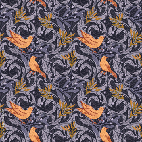 Vintage style seamless pattern with Floral wreath and birds for retro wallpapers. Enchanted Vintage Flowers. Arts and Crafts movement inspired. Design for wrapping paper, wallpaper, fabrics and