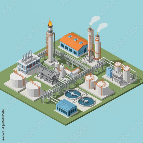 Isometric Industrial Plant with Storage Tanks and Processing Units.