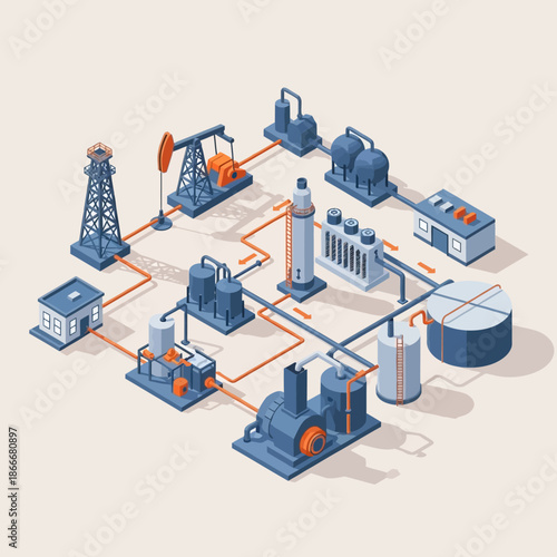 Isometric Oil and Gas Industry Production and Processing Network.