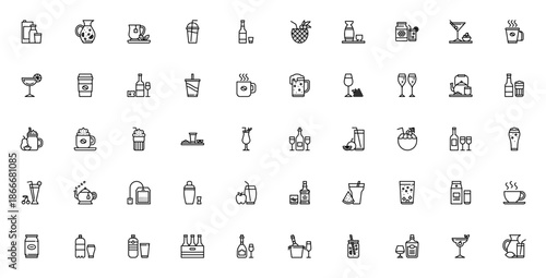 Beverage icon set. Drink vector collection. Featuring milk, juice, tea, coffee, cocktail, wine, beer, champagne, smoothie, soda and more. Editable stroke.