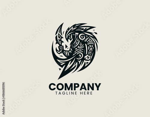 A black vector tribal mage mascot illustration is designed with traditional tattoos and a mystical staff graphic