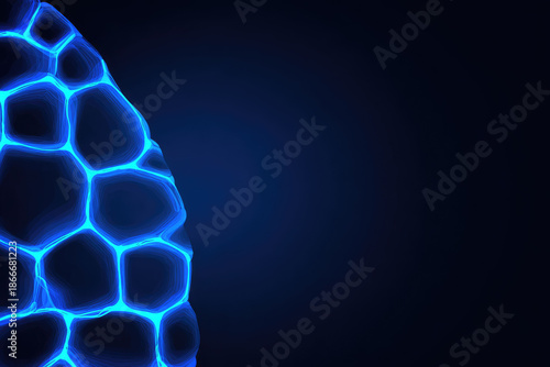 Voronoi cellular pattern glows with vibrant blue light on dark background creating futuristic and abstract digital design with sense of energy and innovation
