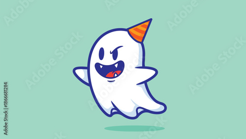 Cartoon Ghost with Party Hat and Mischievous Expression.