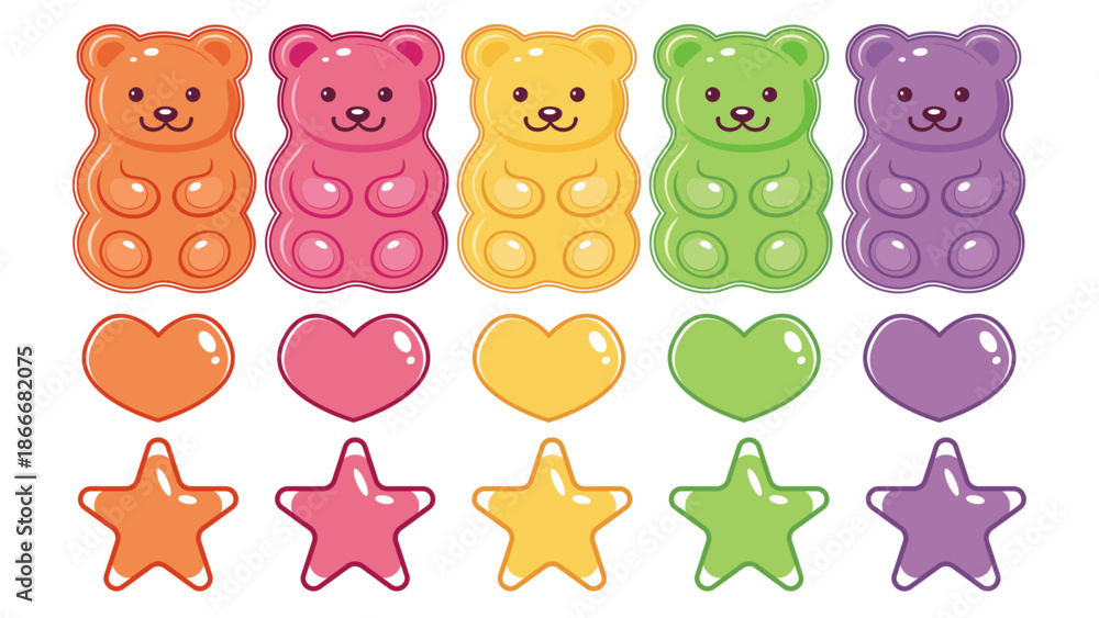 Fototapeta premium Colorful gummy bear icon set with candy hearts and stars